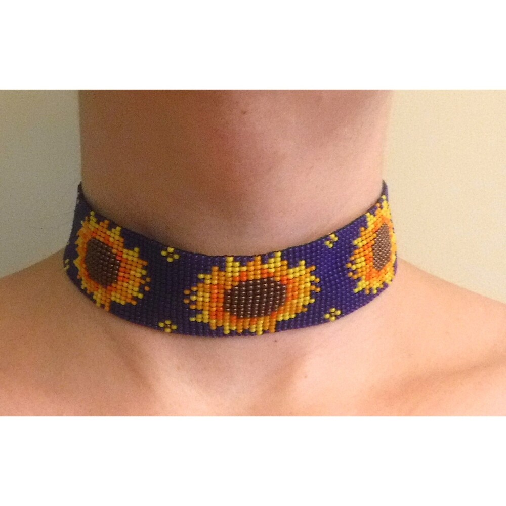 Loom Beaded Choker Necklace w/ Sunflowers